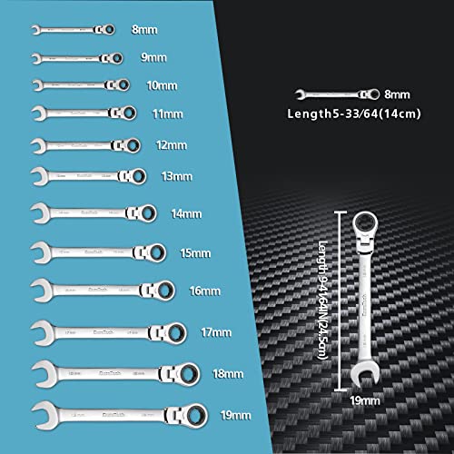 DURATECH 12-Piece Flex-Head Ratcheting Combination Wrench Set, 72-Tooth, Metric, 8-19mm, Cr-v Steel, Organized in Storage Case