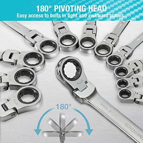 DURATECH 12-Piece Flex-Head Ratcheting Combination Wrench Set, 72-Tooth, Metric, 8-19mm, Cr-v Steel, Organized in Storage Case