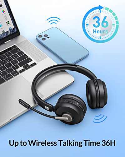 TZS Bluetooth Headphone for Computer, Wireless Headset with Noise Cancelling Mic for PC, 36H Lightweight On Ear Headphone with Mute Button, Suitable for Remote Working/Call Center/Online Class