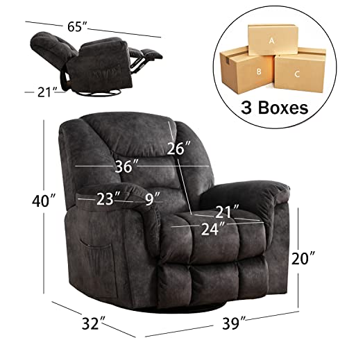 ANJ Oversized Rocker Chair Manual 360 Degree Swivel Recliners Comfy Glider Rocking Chairs for Big Man Home Extra Wide Overstuffed Reclining Chair for Living Room, Grey