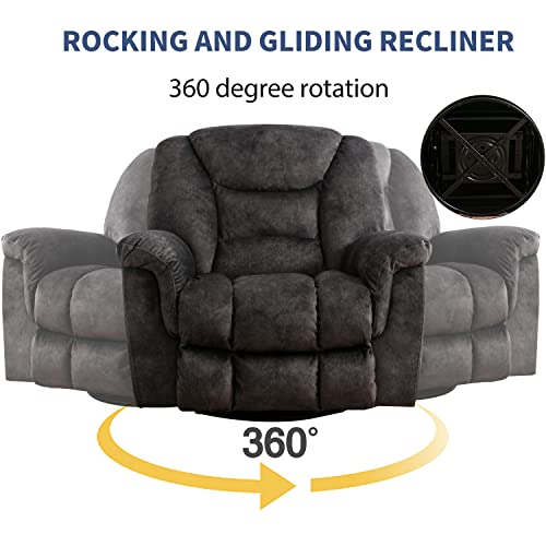 ANJ Oversized Rocker Chair Manual 360 Degree Swivel Recliners Comfy Glider Rocking Chairs for Big Man Home Extra Wide Overstuffed Reclining Chair for Living Room, Grey