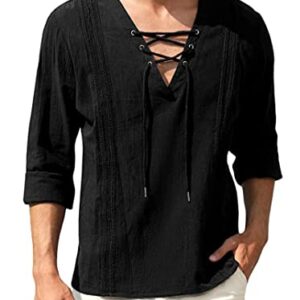 TURETRENDY Men's Cotton Linen Henley Shirt Lace Up Long Sleeve V Neck Casual Beach Hippie Shirts Black 3XL