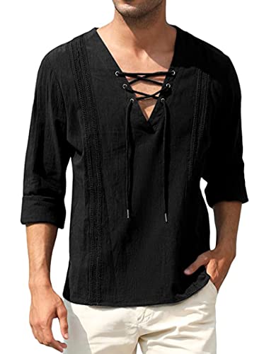 TURETRENDY Men's Cotton Linen Henley Shirt Lace Up Long Sleeve V Neck Casual Beach Hippie Shirts Black 3XL