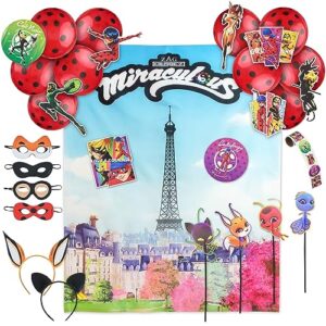miraculous 50-piece mega party pack - all-in-one party box for zag heroez themed birthday party, ladybug party in a box celebration kit, backdrop and party props for kids birthday party