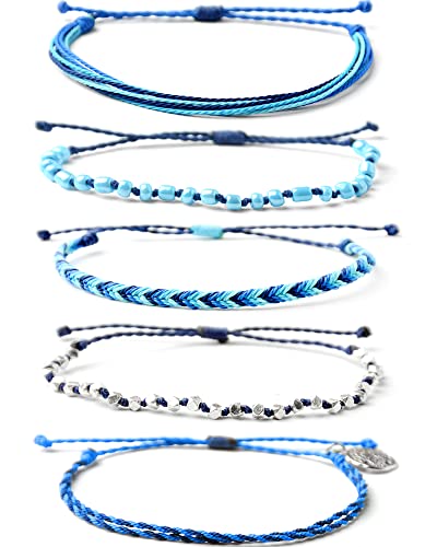 Mezcla Vida Bohemian Starfish Charm Silver Zinc Beaded Waterproof Rope Surfing Bracelets Sets For Women Teen Girls, Beach Handmade String Jewelry (BLUE, Zinc Alloy)