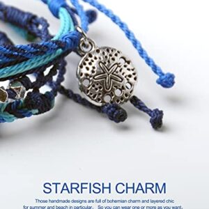 Mezcla Vida Bohemian Starfish Charm Silver Zinc Beaded Waterproof Rope Surfing Bracelets Sets For Women Teen Girls, Beach Handmade String Jewelry (BLUE, Zinc Alloy)