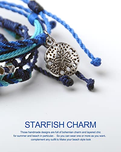 Mezcla Vida Bohemian Starfish Charm Silver Zinc Beaded Waterproof Rope Surfing Bracelets Sets For Women Teen Girls, Beach Handmade String Jewelry (BLUE, Zinc Alloy)