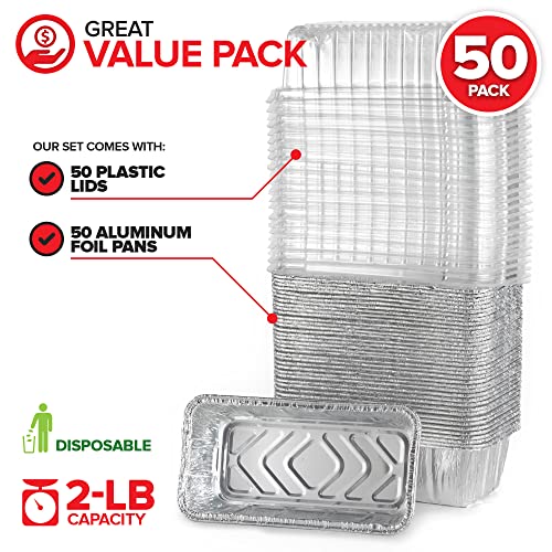 Stock Your Home Disposable Aluminum Loaf Pans with Lids, 2 Lb (50 Pack) Foil Baking Tins with Plastic Lid, Tin Pan with Cover for Cake, Banana Bread, Meatloaf, Mini Lasagna, Drip Trays