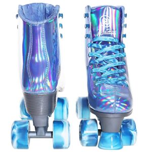 JajaHoho Roller Skates for Women, Holographic High Top Faux Leather Rollerskates, Shiny Double-row four colour mixture wheels Quad Skates for Girls and Age 8-51 Indoor Outdoor (Very Peri Blue, Size 9)