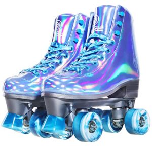 jajahoho roller skates for women, holographic high top faux leather rollerskates, shiny double-row four colour mixture wheels quad skates for girls and age 8-51 indoor outdoor (very peri blue, size 9)