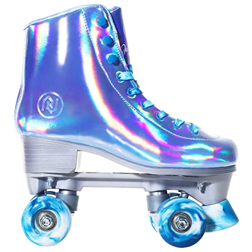 JajaHoho Roller Skates for Women, Holographic High Top Faux Leather Rollerskates, Shiny Double-row four colour mixture wheels Quad Skates for Girls and Age 8-51 Indoor Outdoor (Very Peri Blue, Size 9)