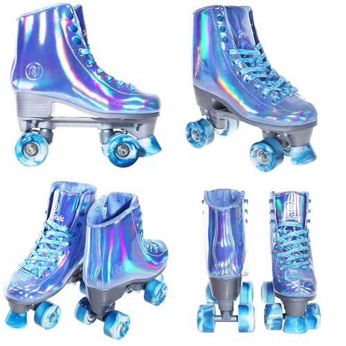 JajaHoho Roller Skates for Women, Holographic High Top Faux Leather Rollerskates, Shiny Double-row four colour mixture wheels Quad Skates for Girls and Age 8-51 Indoor Outdoor (Very Peri Blue, Size 9)