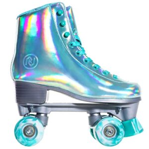 JajaHoho Roller Skates for Women, Holographic High Top Faux Leather Rollerskates, Shiny Double-Row Four Wheels Quad Skates for Girls Age 8-50 Indoor Outdoor (Mint Green, Size 9)