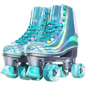 jajahoho roller skates for women, holographic high top faux leather rollerskates, shiny double-row four wheels quad skates for girls age 8-50 indoor outdoor (mint green, size 9)