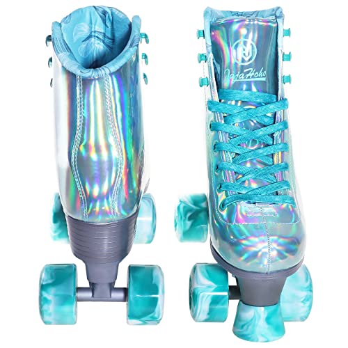 JajaHoho Roller Skates for Women, Holographic High Top Faux Leather Rollerskates, Shiny Double-Row Four Wheels Quad Skates for Girls Age 8-50 Indoor Outdoor (Mint Green, Size 9)