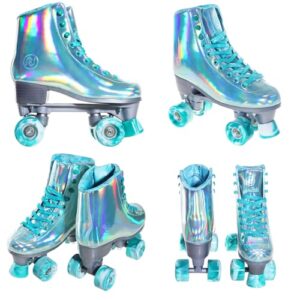 JajaHoho Roller Skates for Women, Holographic High Top Faux Leather Rollerskates, Shiny Double-Row Four Wheels Quad Skates for Girls Age 8-50 Indoor Outdoor (Mint Green, Size 9)