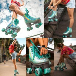 JajaHoho Roller Skates for Women, Holographic High Top Faux Leather Rollerskates, Shiny Double-Row Four Wheels Quad Skates for Girls Age 8-50 Indoor Outdoor (Mint Green, Size 9)