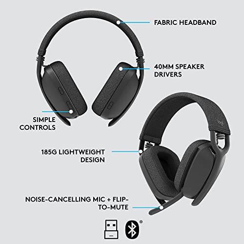 Logitech Zone Vibe 125 Wireless Headphones with Noise-Canceling Microphone, Bluetooth, USB-A Receiver; Works with Zoom, Google Voice, Google Meet, Mac/PC - Graphite (Renewed)