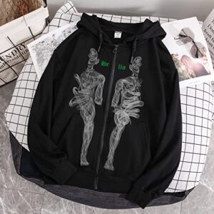 Weetiotio Halloween Vintage Skeleton Zip Up Hoodies for Women Aesthetic Cyber Y2k Goth Jacket Grunge Skull Coat Streetwear (Black,M,Medium)