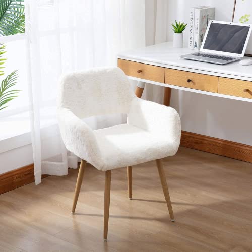 HomVent Modern Faux Fur Vanity Chair Elegant White Furry Makeup Desk Chairs for Girls Women Comfy Fluffy Arm Chair with Wood Metal Legs Cute Desk Chair for Bedroom Living Room Home Office Makeup