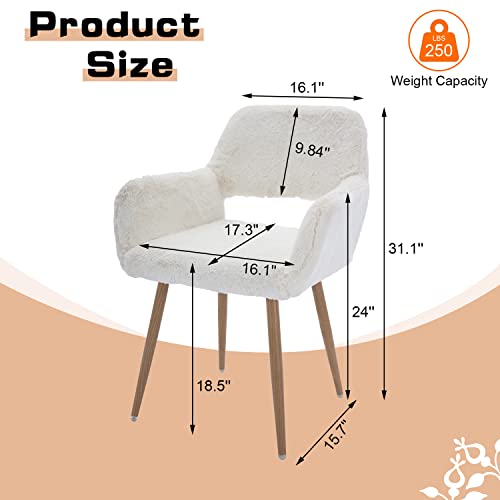 HomVent Modern Faux Fur Vanity Chair Elegant White Furry Makeup Desk Chairs for Girls Women Comfy Fluffy Arm Chair with Wood Metal Legs Cute Desk Chair for Bedroom Living Room Home Office Makeup