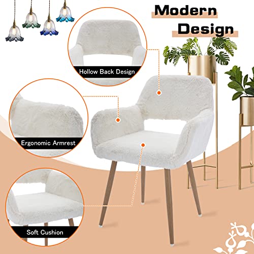 HomVent Modern Faux Fur Vanity Chair Elegant White Furry Makeup Desk Chairs for Girls Women Comfy Fluffy Arm Chair with Wood Metal Legs Cute Desk Chair for Bedroom Living Room Home Office Makeup