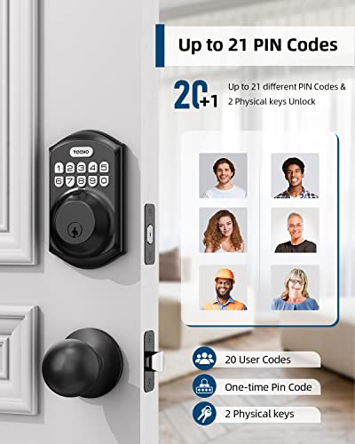 TEEHO TE001K Keyless Entry Door Lock with Handle - Electronic Keypad Deadbolt with Door Knob - Deadbolt Smart Lock for Front Door - Auto Lock - Easy Installation - Matte Black