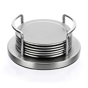 juxyes set of 6 stainless steel round coasters with holder & sponge bottom, silver metal cup coasters set stunning cool coaster cups mats decor for restaurant kitchen bar dining table