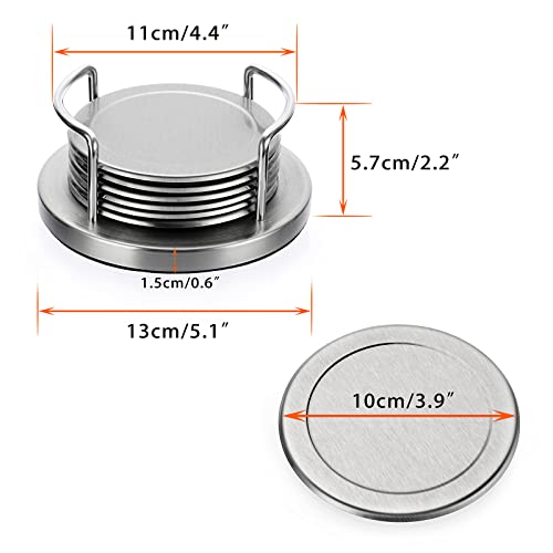 JUXYES Set of 6 Stainless Steel Round Coasters with Holder & Sponge Bottom, Silver Metal Cup Coasters Set Stunning Cool Coaster Cups Mats Decor for Restaurant Kitchen bar Dining Table