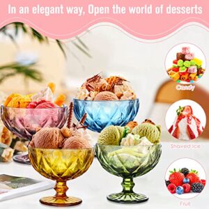 Mimorou 8 Pack Ice Cream Glass Bowls Set 10oz Colorful Dessert Cups Footed Vintage Diamond Glass Sundae Bowls with for Ice Cream Snack Fruits Salads Drinks, 4 Colors