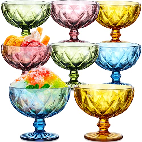 Mimorou 8 Pack Ice Cream Glass Bowls Set 10oz Colorful Dessert Cups Footed Vintage Diamond Glass Sundae Bowls with for Ice Cream Snack Fruits Salads Drinks, 4 Colors