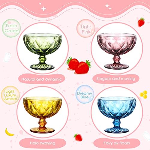 Mimorou 8 Pack Ice Cream Glass Bowls Set 10oz Colorful Dessert Cups Footed Vintage Diamond Glass Sundae Bowls with for Ice Cream Snack Fruits Salads Drinks, 4 Colors