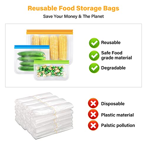 Reusable Food Storage Bags, 6 Pack BPA Free Reusable Freezer Bags, Extra Thick Leakproof Resealable Silicone Lunch Food Bags for Meat Veggies 2 Gallon Bags 2 Sandwich Bags 2 Snack Bags