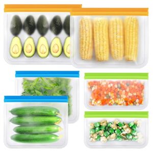 reusable food storage bags, 6 pack bpa free reusable freezer bags, extra thick leakproof resealable silicone lunch food bags for meat veggies 2 gallon bags 2 sandwich bags 2 snack bags