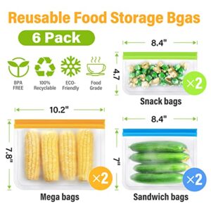 Reusable Food Storage Bags, 6 Pack BPA Free Reusable Freezer Bags, Extra Thick Leakproof Resealable Silicone Lunch Food Bags for Meat Veggies 2 Gallon Bags 2 Sandwich Bags 2 Snack Bags