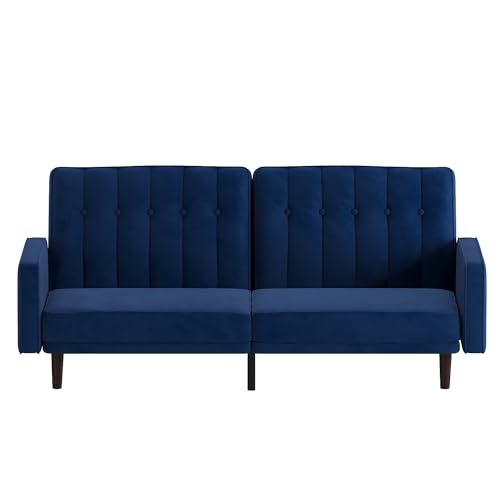 Flash Furniture Carter Premium Tufted Split Back Sofa Futon -Navy Velvet Upholstery - Solid Wood Legs - Convertible Sleeper Couch for Small Spaces