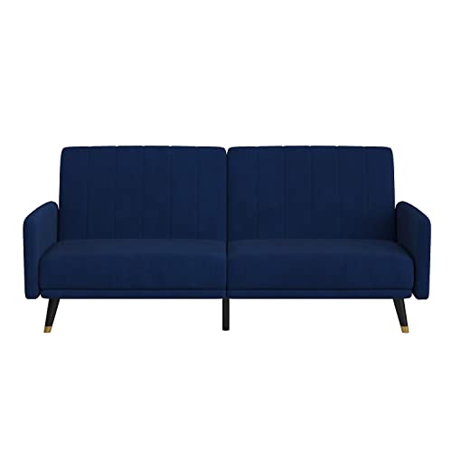 Flash Furniture Sophia Premium Split Back Sofa Futon - Navy Velvet Upholstery - Solid Wood Legs - Convertible Sleeper Couch for Small Spaces