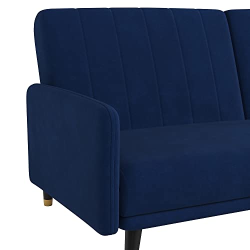 Flash Furniture Sophia Premium Split Back Sofa Futon - Navy Velvet Upholstery - Solid Wood Legs - Convertible Sleeper Couch for Small Spaces