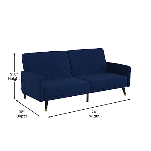 Flash Furniture Sophia Premium Split Back Sofa Futon - Navy Velvet Upholstery - Solid Wood Legs - Convertible Sleeper Couch for Small Spaces