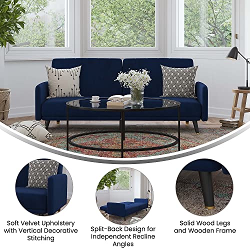 Flash Furniture Sophia Premium Split Back Sofa Futon - Navy Velvet Upholstery - Solid Wood Legs - Convertible Sleeper Couch for Small Spaces