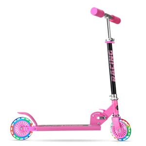 scooters for kids 2 wheel folding kick scooter for girls boys ages 3+ to teen, fold-to-carry, lightweight, portable scooter with motion-activated light-up wheels, and adjustable handlebars