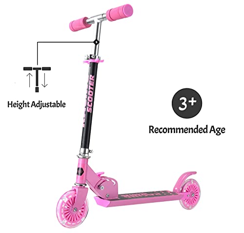 Scooters for Kids 2 Wheel Folding Kick Scooter for Girls Boys Ages 3+ to Teen, fold-to-Carry, Lightweight, Portable Scooter with Motion-Activated Light-up Wheels, and Adjustable Handlebars