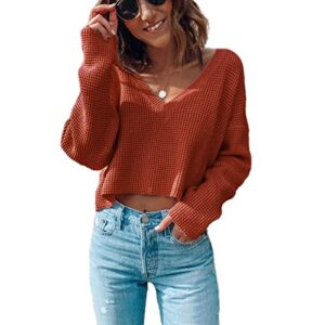women knit sweaters tops long sleeve v neck knitwear pure color high waist short loose knitted pullover for autumn winter(l-brown)