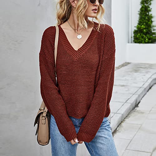 Women Knit Sweaters Tops Long Sleeve V Neck Knitwear Pure Color High Waist Short Loose Knitted Pullover for Autumn Winter(L-Brown)