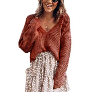 Women Knit Sweaters Tops Long Sleeve V Neck Knitwear Pure Color High Waist Short Loose Knitted Pullover for Autumn Winter(L-Brown)