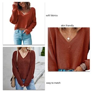 Women Knit Sweaters Tops Long Sleeve V Neck Knitwear Pure Color High Waist Short Loose Knitted Pullover for Autumn Winter(L-Brown)