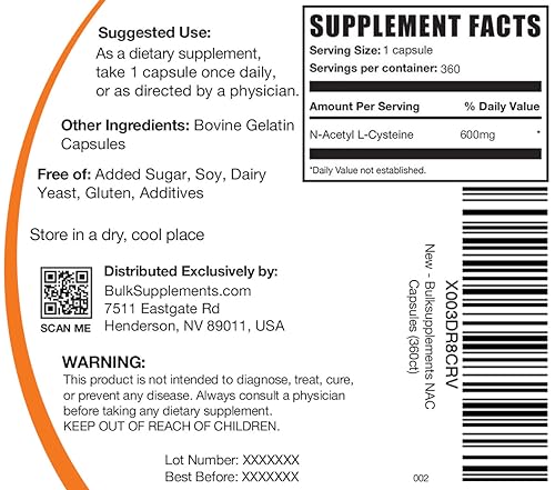 BULKSUPPLEMENTS.COM NAC 600 mg Capsules - N-Acetyle Cysteine 600mg, NAC Supplement, NAC 600mg - NAC Capsules, Gluten Free - 1 Capsule per Serving, 360-Day Supply, 360 Capsules