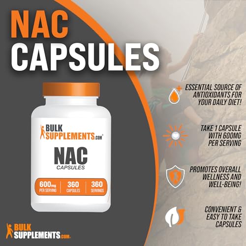 BULKSUPPLEMENTS.COM NAC 600 mg Capsules - N-Acetyle Cysteine 600mg, NAC Supplement, NAC 600mg - NAC Capsules, Gluten Free - 1 Capsule per Serving, 360-Day Supply, 360 Capsules