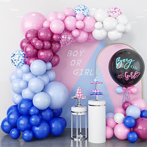 GREMAG Gender Reveal Balloon Arch, 132PCS Gender Reveal Decorations, Blue Pink White Pastel Balloons, 18 Inch Black Boy or Girl Reveal Balloon with Pink and Blue Round Confetti, for Baby Shower Supply