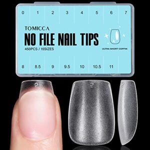 tomicca extra short coffin nail tips - 450pcs full cover gel nail tips, soft acrylic gel nail tips for nail extension, 15 sizes pre-shaped double-sided matte fake gel nail tips with box